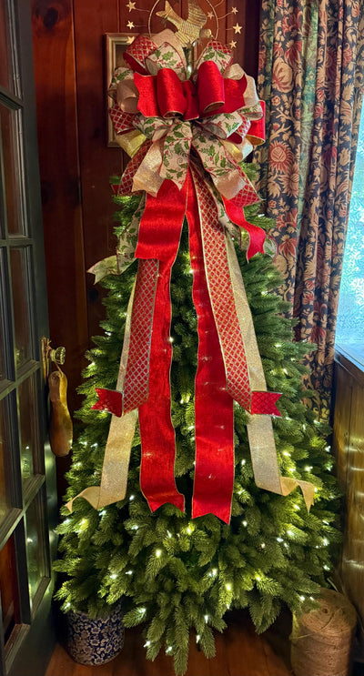 The Waverly Red & Gold Christmas Tree Topper Bow, XL velvet bow, long streamer ribbon topper, gold christmas tree bow, big red bow for tree