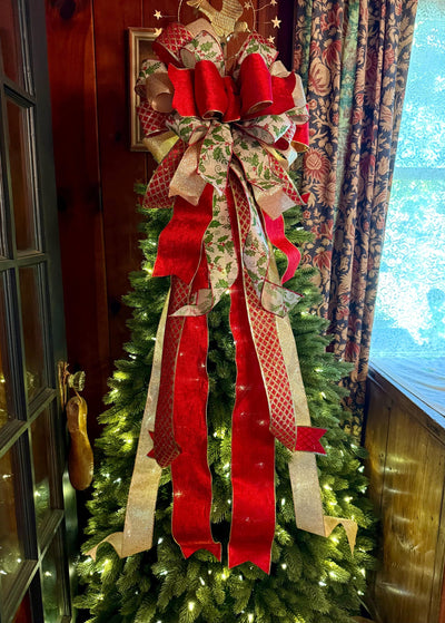 The Waverly Red & Gold Christmas Tree Topper Bow, XL velvet bow, long streamer ribbon topper, gold christmas tree bow, big red bow for tree
