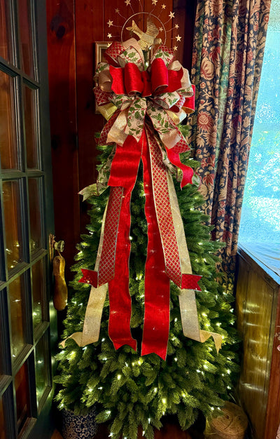 The Waverly Red & Gold Christmas Tree Topper Bow, XL velvet bow, long streamer ribbon topper, gold christmas tree bow, big red bow for tree