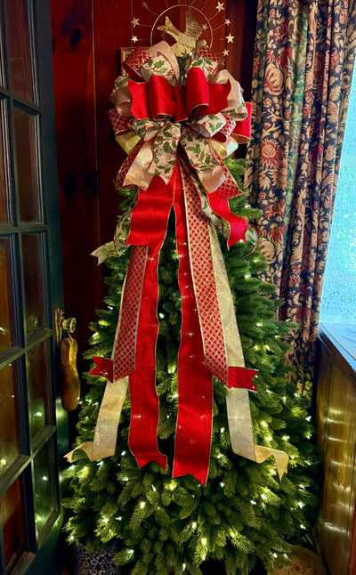 The Waverly Red & Gold Christmas Tree Topper Bow, XL velvet bow, long streamer ribbon topper, gold christmas tree bow, big red bow for tree