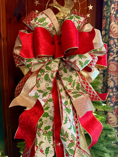 The Waverly Red & Gold Christmas Tree Topper Bow, XL velvet bow, long streamer ribbon topper, gold christmas tree bow, big red bow for tree