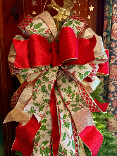 The Waverly Red & Gold Christmas Tree Topper Bow, XL velvet bow, long streamer ribbon topper, gold christmas tree bow, big red bow for tree
