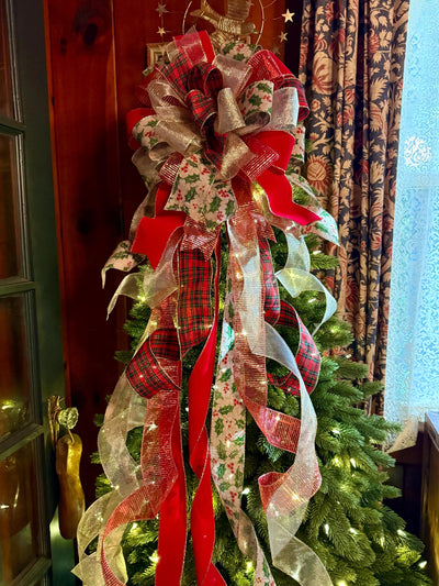 The Charlize Red & Gold Christmas Tree Topper Bow, Cardinal red velvet, long streamer bow, gold christmas tree bow, big red bow for tree