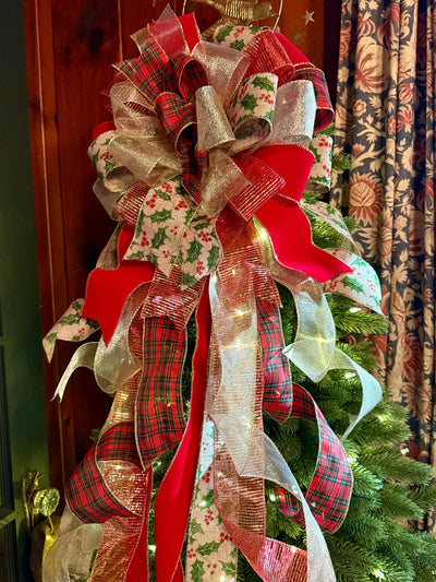 The Charlize Red & Gold Christmas Tree Topper Bow, Cardinal red velvet, long streamer bow, gold christmas tree bow, big red bow for tree