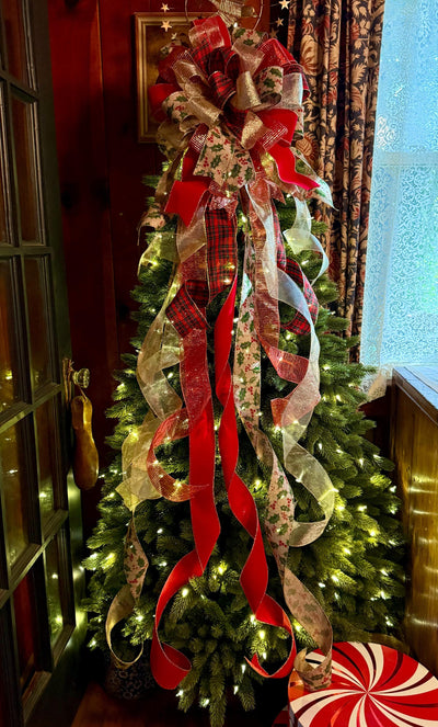 The Charlize Red & Gold Christmas Tree Topper Bow, Cardinal red velvet, long streamer bow, gold christmas tree bow, big red bow for tree