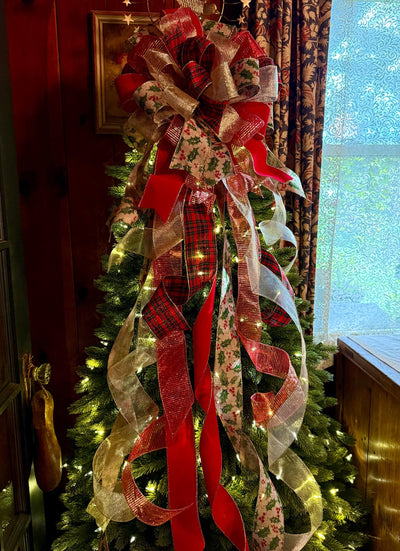 The Charlize Red & Gold Christmas Tree Topper Bow, Cardinal red velvet, long streamer bow, gold christmas tree bow, big red bow for tree