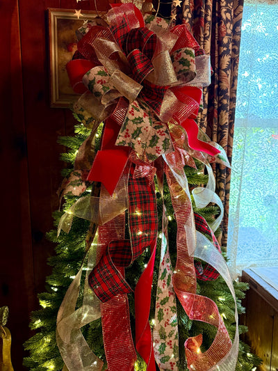 The Charlize Red & Gold Christmas Tree Topper Bow, Cardinal red velvet, long streamer bow, gold christmas tree bow, big red bow for tree