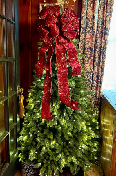 The Vixen Burgundy & Gold Christmas Tree Topper Bow, Long streamer bow for tree, burgandy velvet christmas tree bow, XL luxury bow for tree