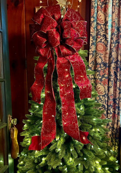 The Vixen Burgundy & Gold Christmas Tree Topper Bow, Long streamer bow for tree, burgandy velvet christmas tree bow, XL luxury bow for tree