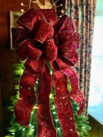 The Vixen Burgundy & Gold Christmas Tree Topper Bow, Long streamer bow for tree, burgandy velvet christmas tree bow, XL luxury bow for tree