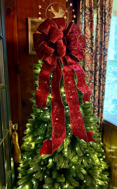 The Vixen Burgundy & Gold Christmas Tree Topper Bow, Long streamer bow for tree, burgandy velvet christmas tree bow, XL luxury bow for tree