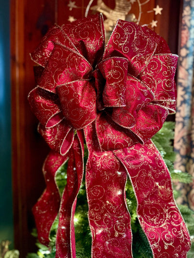 The Vixen Burgundy & Gold Christmas Tree Topper Bow, Long streamer bow for tree, burgandy velvet christmas tree bow, XL luxury bow for tree