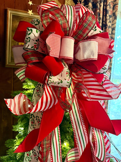 The Mary Red & Green Christmas Tree Topper Bow, Green Red bow, Glitter Polka Dot Luxury Bow, XL red christmas tree bow, whimsical bow