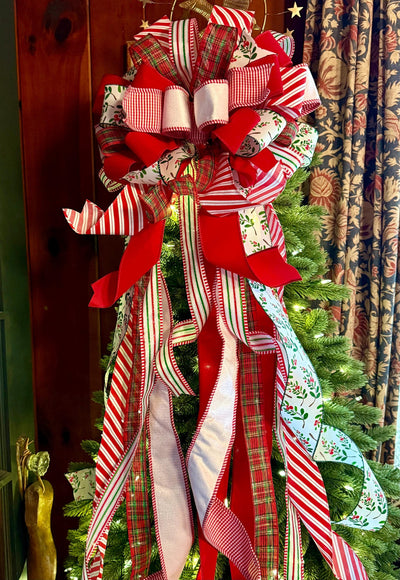 The Mary Red & Green Christmas Tree Topper Bow, Green Red bow, Glitter Polka Dot Luxury Bow, XL red christmas tree bow, whimsical bow