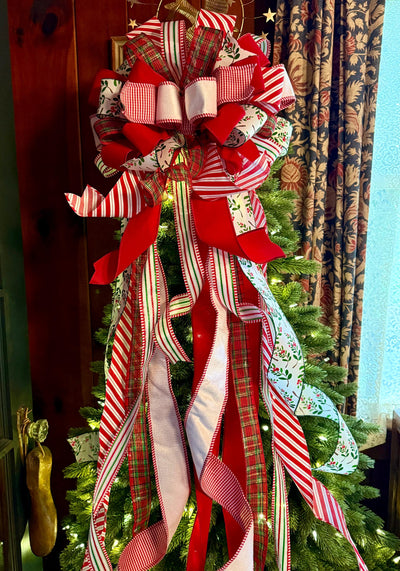 The Mary Red & Green Christmas Tree Topper Bow, Green Red bow, Glitter Polka Dot Luxury Bow, XL red christmas tree bow, whimsical bow