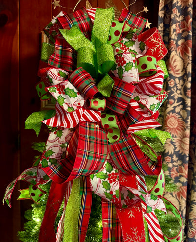 The Rachel Red White Lime Green Christmas Tree Bow, Whimsical Polka Dot Christmas Tree Topper Bow, Plaid Long Streamer Bow