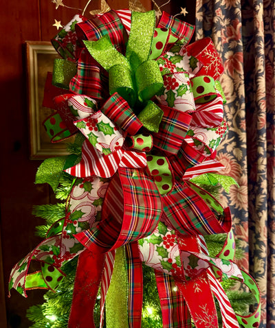 The Rachel Red White Lime Green Christmas Tree Bow, Whimsical Polka Dot Christmas Tree Topper Bow, Plaid Long Streamer Bow