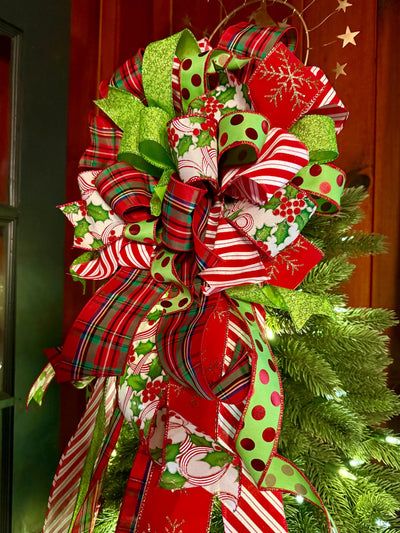 The Rachel Red White Lime Green Christmas Tree Bow, Whimsical Polka Dot Christmas Tree Topper Bow, Plaid Long Streamer Bow