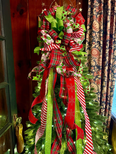 The Rachel Red White Lime Green Christmas Tree Bow, Whimsical Polka Dot Christmas Tree Topper Bow, Plaid Long Streamer Bow