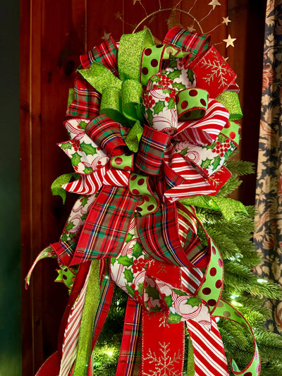 The Rachel Red White Lime Green Christmas Tree Bow, Whimsical Polka Dot Christmas Tree Topper Bow, Plaid Long Streamer Bow