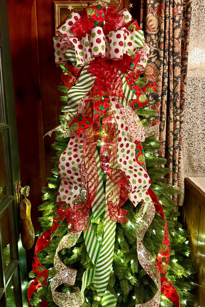 The Odessa Red & Green polka dot Christmas Tree Topper Bow, Christmas tree trimming bow, red and white bow for tree, christmas wreath bow