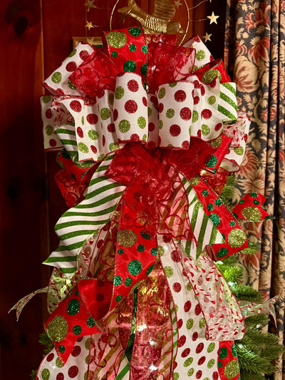 The Odessa Red & Green polka dot Christmas Tree Topper Bow, Christmas tree trimming bow, red and white bow for tree, christmas wreath bow