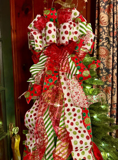 The Odessa Red & Green polka dot Christmas Tree Topper Bow, Christmas tree trimming bow, red and white bow for tree, christmas wreath bow