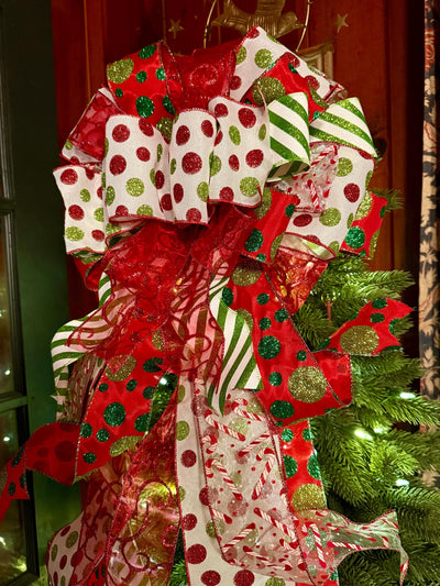 The Odessa Red & Green polka dot Christmas Tree Topper Bow, Christmas tree trimming bow, red and white bow for tree, christmas wreath bow