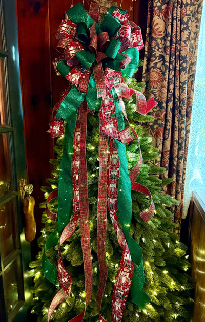 The Fritz Red Green & Gold Plaid Christmas Tree Topper Bow, Extra long Bow, Xmas plaid, Farmhouse Nutcracker Bow, ribbon topper