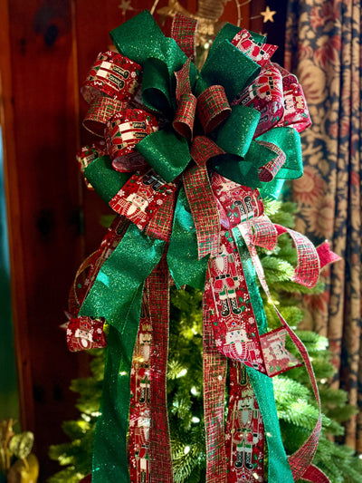 The Fritz Red Green & Gold Plaid Christmas Tree Topper Bow, Extra long Bow, Xmas plaid, Farmhouse Nutcracker Bow, ribbon topper