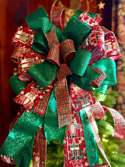 The Fritz Red Green & Gold Plaid Christmas Tree Topper Bow, Extra long Bow, Xmas plaid, Farmhouse Nutcracker Bow, ribbon topper