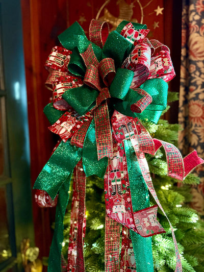 The Fritz Red Green & Gold Plaid Christmas Tree Topper Bow, Extra long Bow, Xmas plaid, Farmhouse Nutcracker Bow, ribbon topper