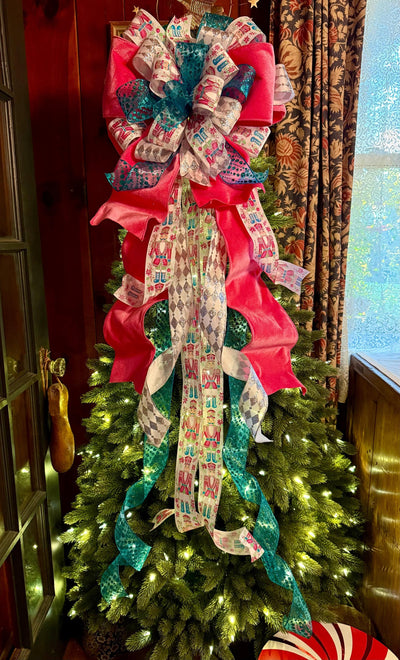 The Lilibet Pink & Turqoise Whimsical Christmas Tree Topper Bow, Nutcracker oversized bow, Big Candy cane tree topper, tree trimming bow