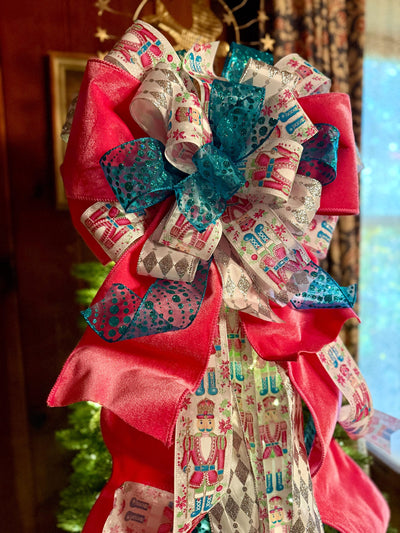 The Lilibet Pink & Turqoise Whimsical Christmas Tree Topper Bow, Nutcracker oversized bow, Big Candy cane tree topper, tree trimming bow