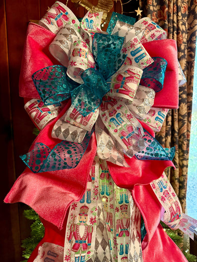 The Lilibet Pink & Turqoise Whimsical Christmas Tree Topper Bow, Nutcracker oversized bow, Big Candy cane tree topper, tree trimming bow