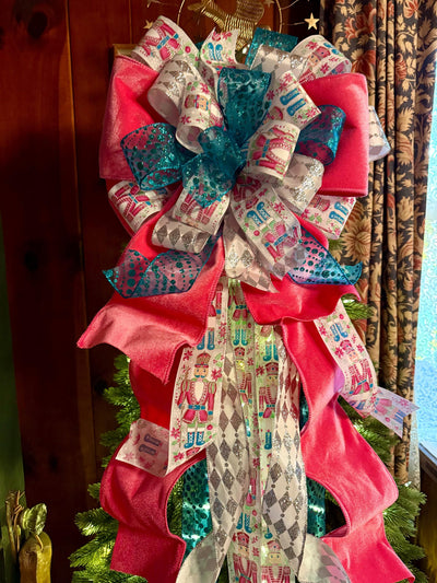 The Lilibet Pink & Turqoise Whimsical Christmas Tree Topper Bow, Nutcracker oversized bow, Big Candy cane tree topper, tree trimming bow