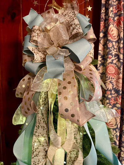 The Ursula Luxury Christmas Tree Topper Bow, Champagne Sage Gold Bow, Elegant Holiday Ribbon Topper, Handmade Christmas Tree Decoration