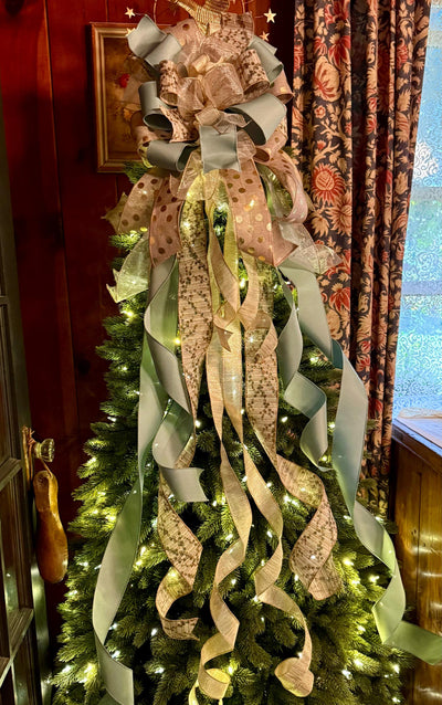 The Ursula Luxury Christmas Tree Topper Bow, Champagne Sage Gold Bow, Elegant Holiday Ribbon Topper, Handmade Christmas Tree Decoration