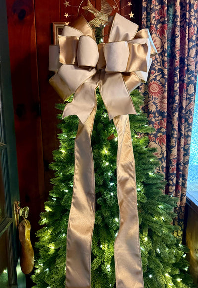 The Irene Ivory & Gold Velvet Christmas Tree Topper Bow, XL Luxury Gold ribbon topper, Handmade Creamy White Christmas tree bow