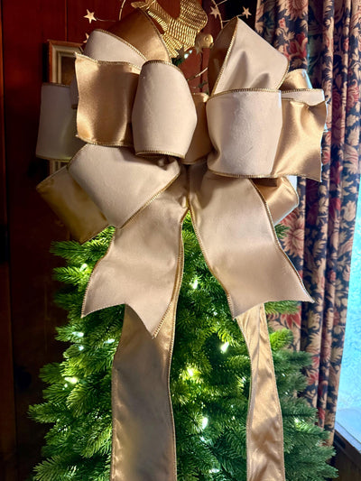 The Irene Ivory & Gold Velvet Christmas Tree Topper Bow, XL Luxury Gold ribbon topper, Handmade Creamy White Christmas tree bow