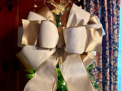 The Irene Ivory & Gold Velvet Christmas Tree Topper Bow, XL Luxury Gold ribbon topper, Handmade Creamy White Christmas tree bow