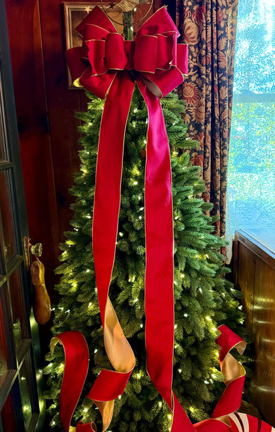 The Karina Handmade Red & Gold Bow, Velvet Christmas Tree Topper Bow, XL Luxury red ribbon topper, Handmade extra large Christmas tree bow