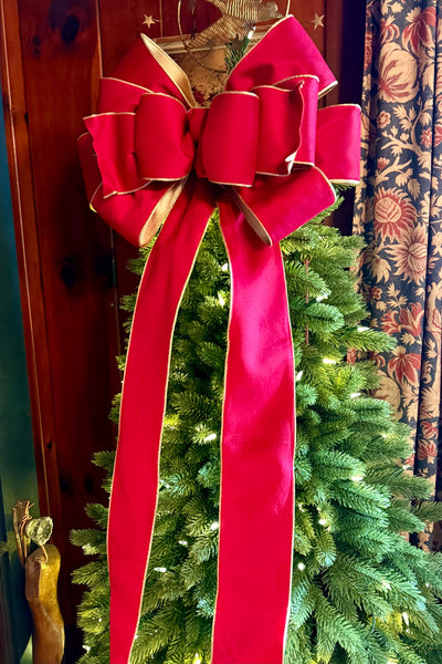 The Karina Handmade Red & Gold Bow, Velvet Christmas Tree Topper Bow, XL Luxury red ribbon topper, Handmade extra large Christmas tree bow