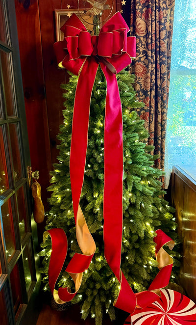 The Karina Handmade Red & Gold Bow, Velvet Christmas Tree Topper Bow, XL Luxury red ribbon topper, Handmade extra large Christmas tree bow