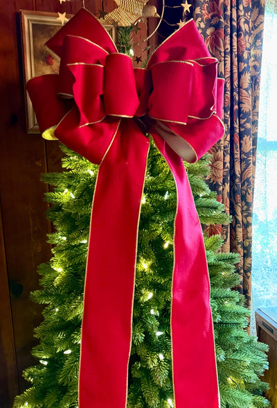 The Karina Handmade Red & Gold Bow, Velvet Christmas Tree Topper Bow, XL Luxury red ribbon topper, Handmade extra large Christmas tree bow
