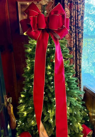 The Karina Handmade Red & Gold Bow, Velvet Christmas Tree Topper Bow, XL Luxury red ribbon topper, Handmade extra large Christmas tree bow