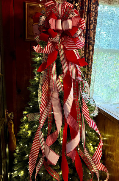 The Mary Red & Green Christmas Tree Topper Bow, Green Red bow, Glitter Polka Dot Luxury Bow, XL red christmas tree bow, whimsical bow