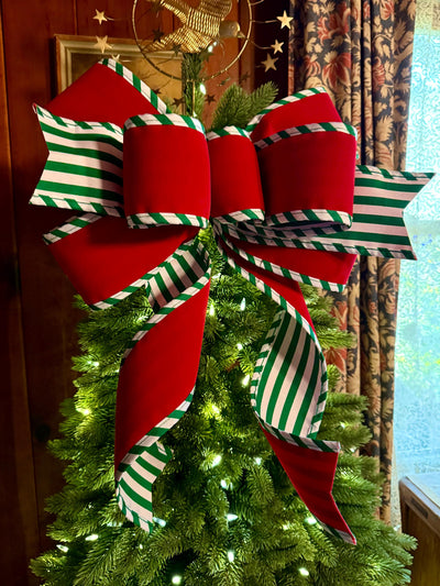The Tabitha Red & Green Christmas Tree Topper Bow, white red stripe Bow, Xmas bow, tree trimming bow, christmas wreath bow, swag bow