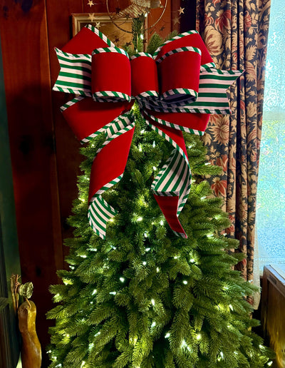 The Tabitha Red & Green Christmas Tree Topper Bow, white red stripe Bow, Xmas bow, tree trimming bow, christmas wreath bow, swag bow