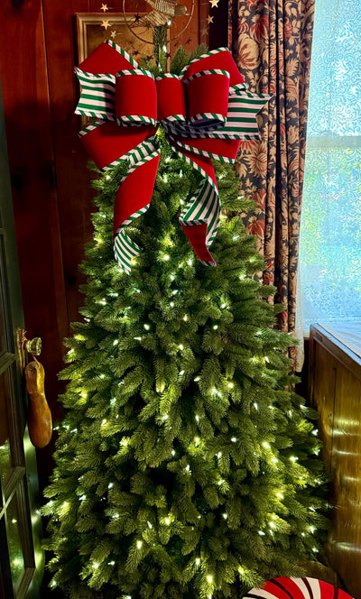 The Tabitha Red & Green Christmas Tree Topper Bow, white red stripe Bow, Xmas bow, tree trimming bow, christmas wreath bow, swag bow